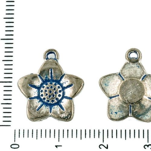 8pcs tchèque bleu patine antique ton argent grande fleur charmes floral pendentifs métal conclusions sku-34101
