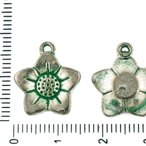 8pcs tchèque vert turquoise patine antique ton argent grande fleur charmes floral pendentifs métal c sku-34102