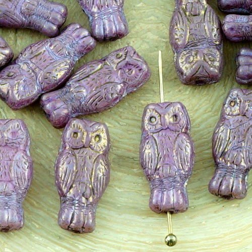 22pcs opaque violet or lustre petit hibou oiseau animal halloween noël tchèque perles de verre de 15 sku-34337