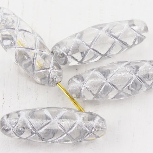 6pcs cristal clair patine argentée laver ovale sculpté tube rayé à carreaux de verre tchèque perles  sku-38504