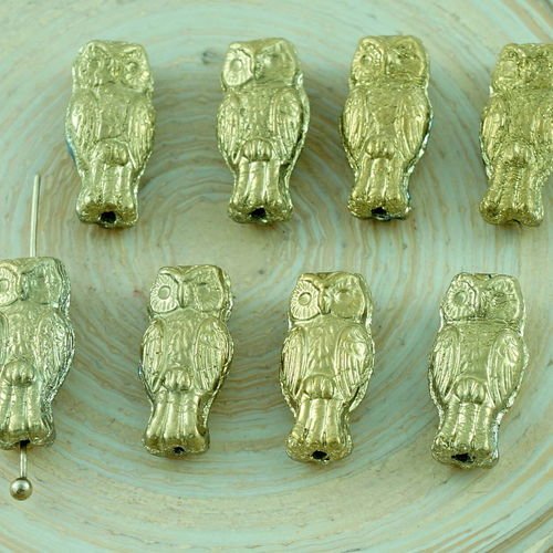 22pcs d'or à deux faces de verre tchèque chouette perles oiseau animal halloween 15mm x 7mm sku-28634