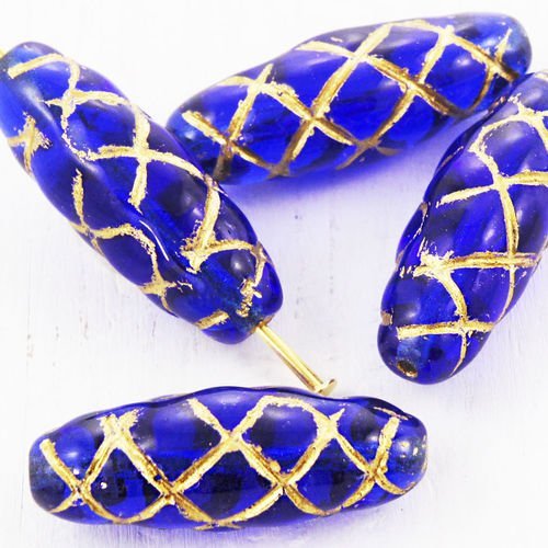 6pcs cristal saphir bleu ovale en or sculpté tube rayé à carreaux de verre tchèque perles de 22mm x  sku-38478