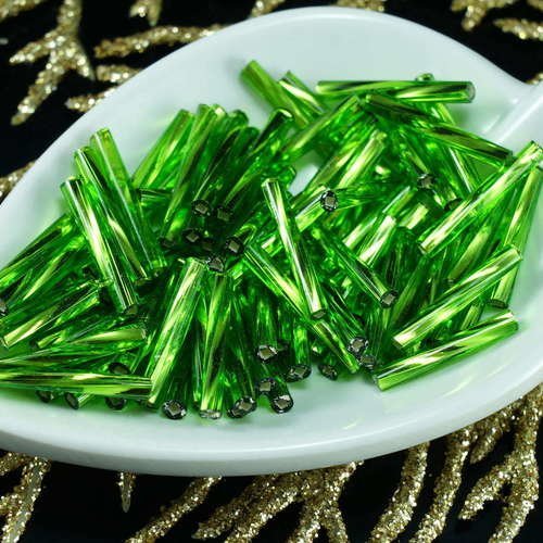 100pcs x 15mm extra-longs vert argent bordée enrouler autour du verre tchèque perles de bugle precio sku-21312