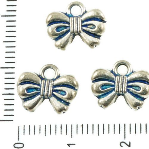 10pcs antique ton argent bleu patine laver arc bowknot cadeau de noël des deux côtés pendentifs char sku-36434
