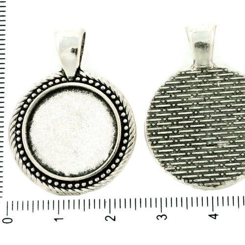 2pcs antique ton argent pendentif rond cabochon paramètres en pointillés lunette vide tiroir en méta sku-37272