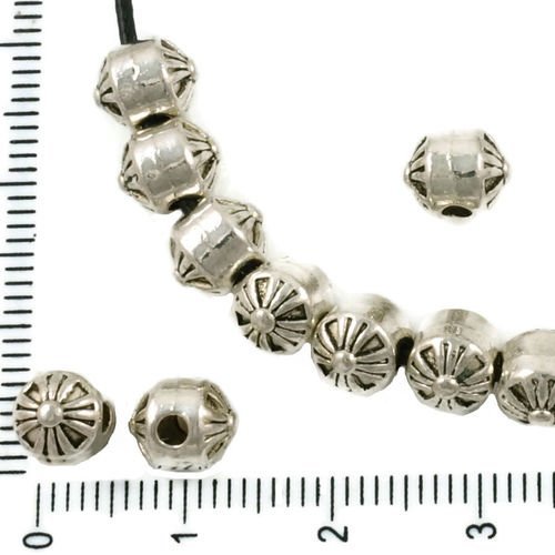 16pcs antique ton argent rond fleur rayée cône cylindre perles charmes des deux côtés de 6mm x 7mm sku-37459