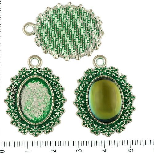 2pcs tchèque vert turquoise patine antique ton argent de forme ovale pendentif cabochon de lunette d sku-34143
