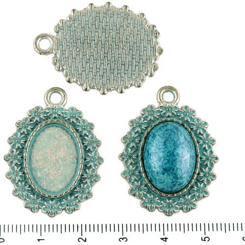 2pcs tchèque bleu turquoise patine antique ton argent de forme ovale pendentif cabochon de lunette d sku-34145