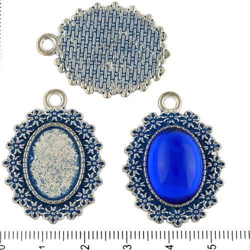 2pcs tchèque bleu patine antique ton argent de forme ovale pendentif cabochon de lunette de paramètr sku-34146