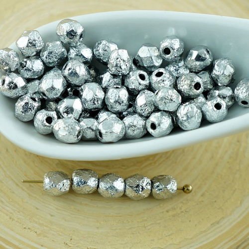100pcs mat argent métallisé-labrador plein rugueux rustique gravées à à tour de verre tchèque perles sku-29005