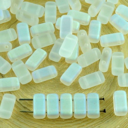 40pcs mat blanc cristal ab moitié givré briques de verre tchèque perles 2 trous de 4 mm x 8 mm sku-30982