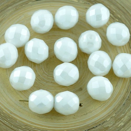 10pcs opaque lustre blanc verre tchèque ronde à facettes feu poli perles 10mm sku-29070
