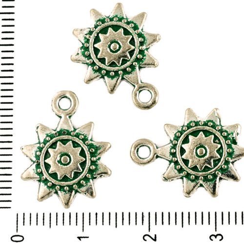 8pcs tchèque vert turquoise patine antique ton argent ronde de fleur de sun star des charmes à deux  sku-33907