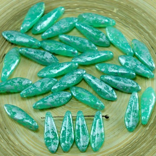 30pcs aqua vert opale patine argent repéré en pointillés verre tchèque poignard perles feuille plate sku-27411