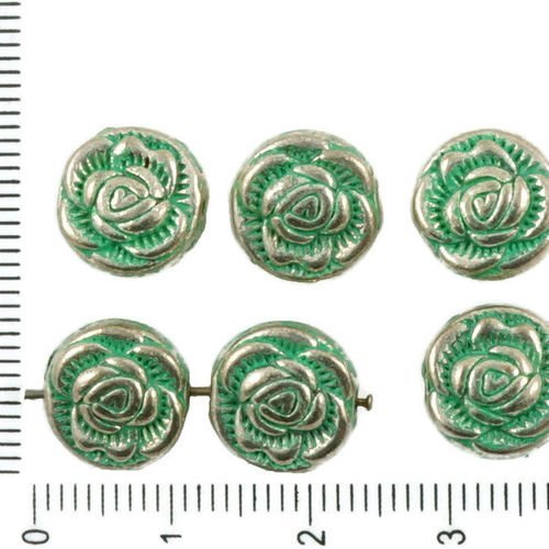 6pcs antique ton argent turquoise patine verte laver fleur de la rose floral de perles de charmes tc sku-36322