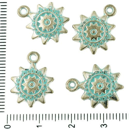 8pcs tchèque bleu turquoise patine antique ton argent ronde de fleur de sun star des charmes à deux  sku-33993