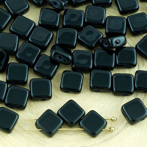 30pcs opaque noir de jais losange plat carré soyeux 2 deux trou de verre tchèque perles de 6mm sku-32198