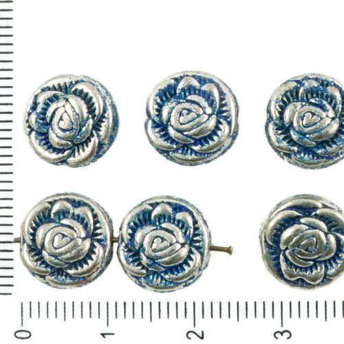 6pcs antique ton argent bleu patine laver fleur de la rose floral de perles de charmes tchèque métal sku-36318
