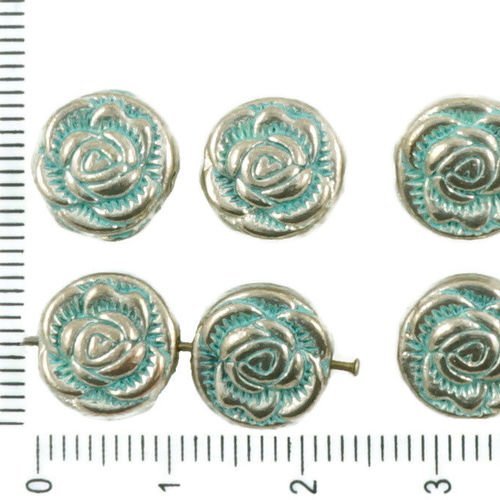 6pcs antique ton argent bleu turquoise patine laver fleur de la rose floral de perles de charmes tch sku-36321