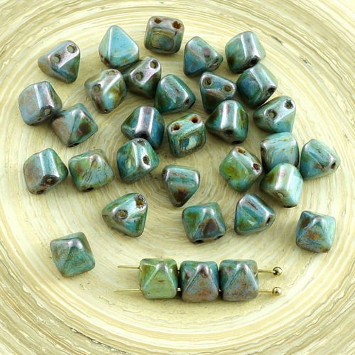 16pcs picasso marron bleu lustre pyramide goujon 2 deux trou de verre tchèque perles de 6mm x 6mm sku-30289