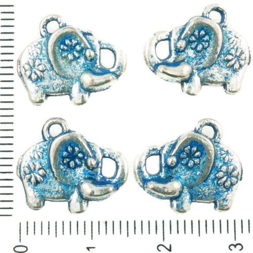 6pcs antique ton argent bleu patine de lavage éléphant animal des deux côtés pendentifs charms tchèq sku-36415