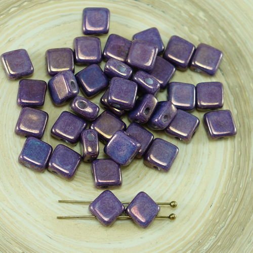 30pcs vega violet lustre losange plat carré soyeux deux trou de verre tchèque perles de 6mm x 6mm sku-26779