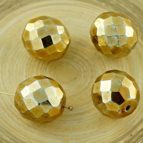 4pcs extra large métallisé vieil or ronde tchèque en verre à facettes feu poli perles 16mm sku-29125