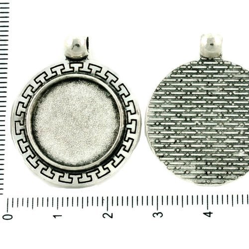 2pcs antique ton argent pendentif rond cabochon paramètres grec lunette vide tiroir en métal de base sku-37278