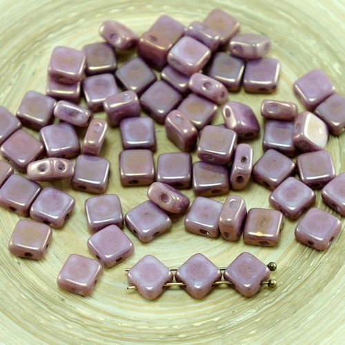 30pcs violet or lustre losange plat carré soyeux 2 deux trou de verre tchèque perles de 6mm x 6mm sku-27390