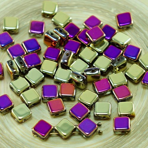 30pcs californie pourpre violet or demi-losange plat carré soyeux 2 deux trou de verre tchèque perle sku-27394