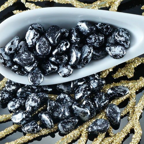 Nouvelle finition 60pcs patine black silver spotted pip perles de verre tchèque preciosa pressé de p sku-26007