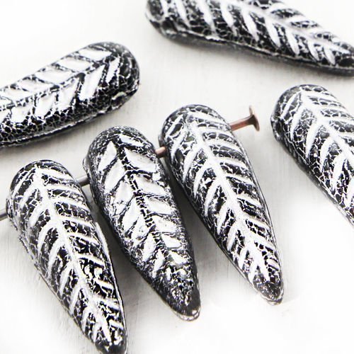 14pcs opaque noir de jais matte silver patine laver sculpté de feuilles de la fleur plume d'aile d'o sku-38597