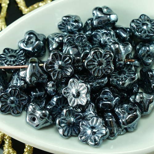 Opaque hématite argent verre tchèque fleur bouton de perles de tissage de 9mm x 6mm 20pcs sku-21705