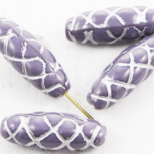 6pcs opaque soyeux violet améthyste en argent patine laver sculpté tube rayé à carreaux de verre tch sku-38528