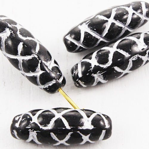 6pcs opaque noir argent patine laver sculpté tube rayé à carreaux de verre tchèque perles de 22mm x  sku-38530