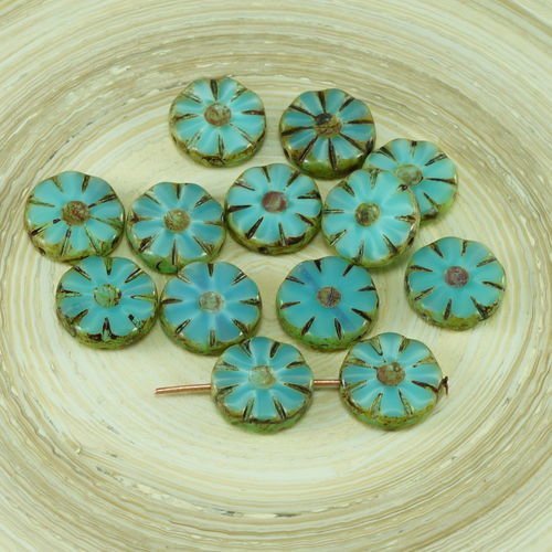 8pcs picasso soie turquoise de table de fleurs coupées plat pièce de verre tchèque perles de 12mm sku-26756
