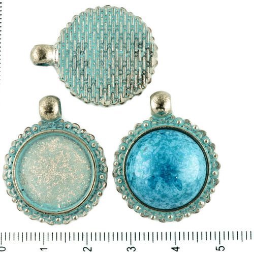 2pcs tchèque bleu turquoise patine antique ton argent pendentif rond cabochon paramètres floral lune sku-34288
