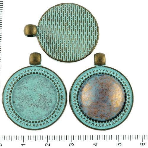 2pcs tchèque bleu turquoise patine bronze antique ton grand pendentif rond cabochon de paramètres vi sku-34200