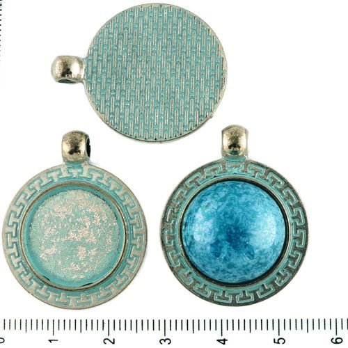 2pcs tchèque bleu turquoise patine antique ton argent pendentif rond cabochon paramètres grec lunett sku-34281