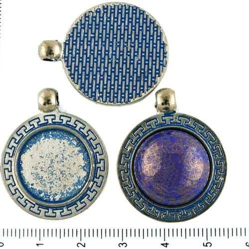 2pcs tchèque bleu patine antique ton argent pendentif rond cabochon paramètres grec lunette vide tir sku-34282