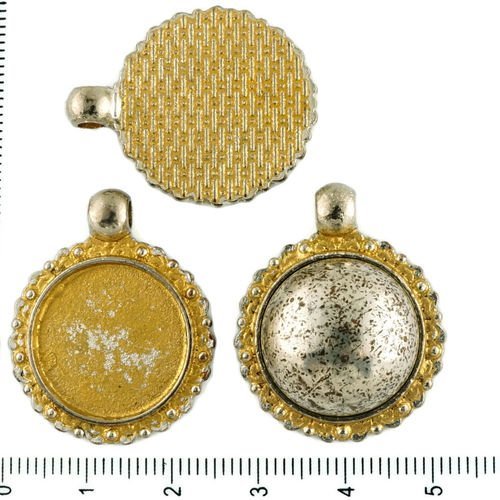 2pcs tchèque mat or patine antique ton argent pendentif rond cabochon paramètres floral lunette vide sku-34287