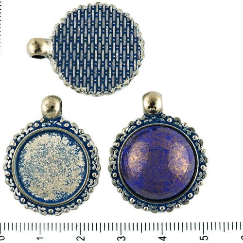 2pcs tchèque bleu patine antique ton argent pendentif rond cabochon paramètres floral lunette vide t sku-34289