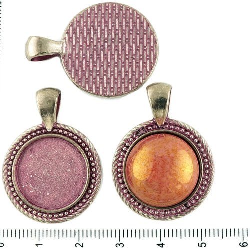 2pcs tchèque valentine rose patine antique ton argent pendentif rond cabochon paramètres en pointill sku-34296