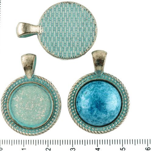 2pcs tchèque bleu turquoise patine antique ton argent pendentif rond cabochon paramètres en pointill sku-34297