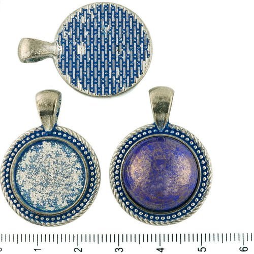 2pcs tchèque bleu patine antique ton argent pendentif rond cabochon paramètres en pointillés lunette sku-34298