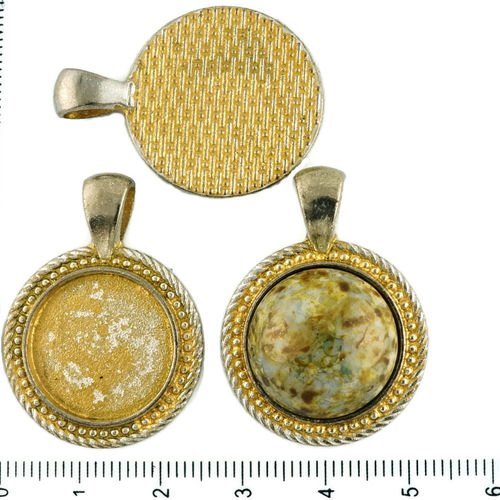 2pcs tchèque mat or patine antique ton argent pendentif rond cabochon paramètres en pointillés lunet sku-34299