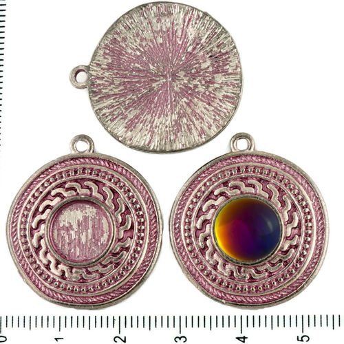 2pcs tchèque valentine rose patine antique ton argent pendentif rond cabochon paramètres grec lunett sku-34308