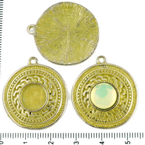 2pcs tchèque jaune patine antique ton argent pendentif rond cabochon paramètres grec lunette vide ti sku-34309