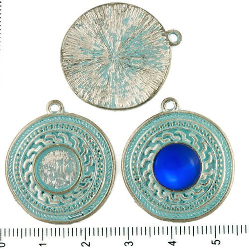 2pcs tchèque bleu turquoise patine antique ton argent pendentif rond cabochon paramètres grec lunett sku-34310