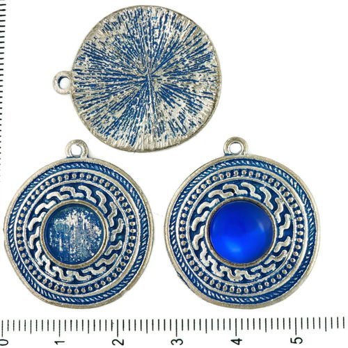 2pcs tchèque bleu patine antique ton argent pendentif rond cabochon paramètres grec lunette vide tir sku-34311